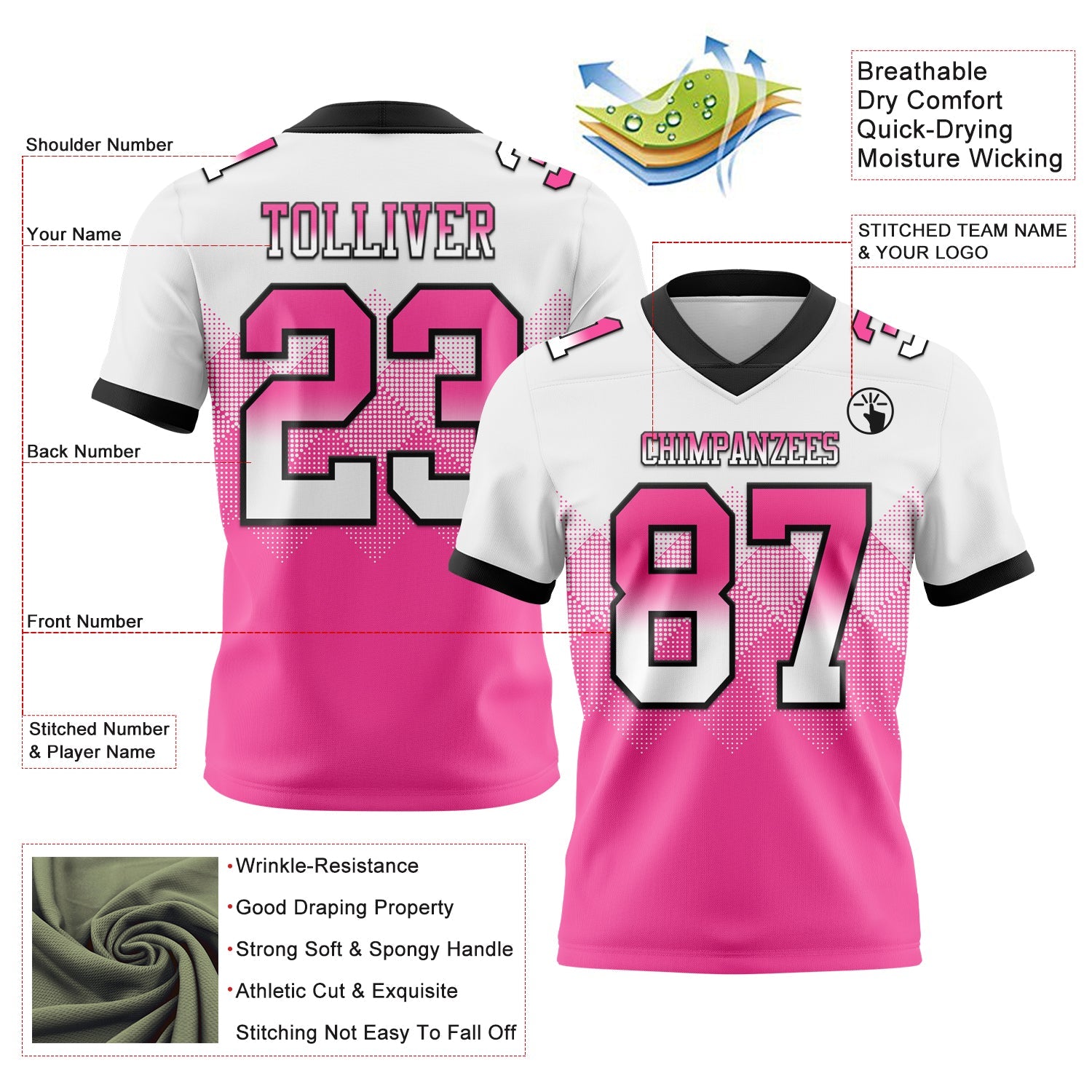 Custom White Pink-Black Mesh Authentic Gradient Square Shape Flag Football Jersey - Sky-Custom