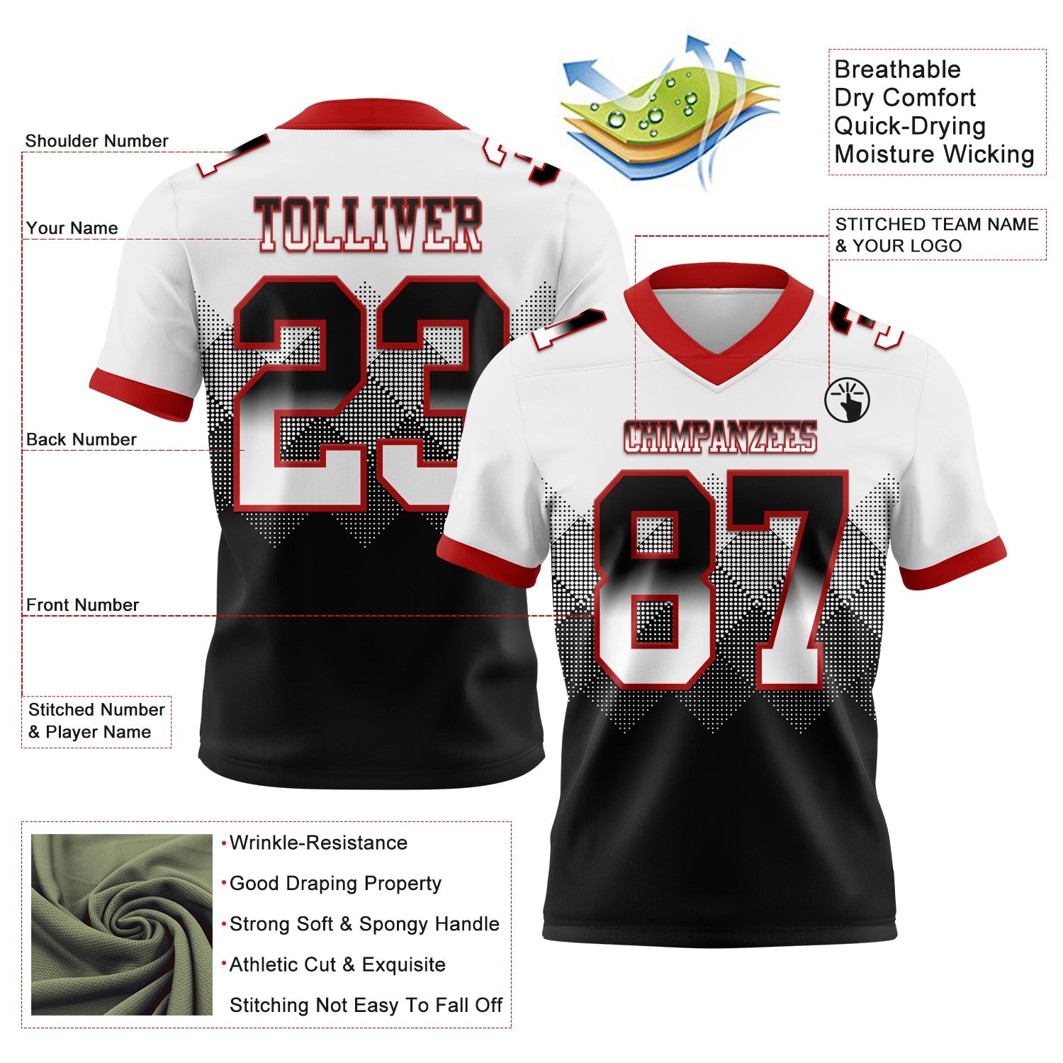 Custom White Black-Red Mesh Authentic Gradient Square Shape Flag Football Jersey - Sky-Custom