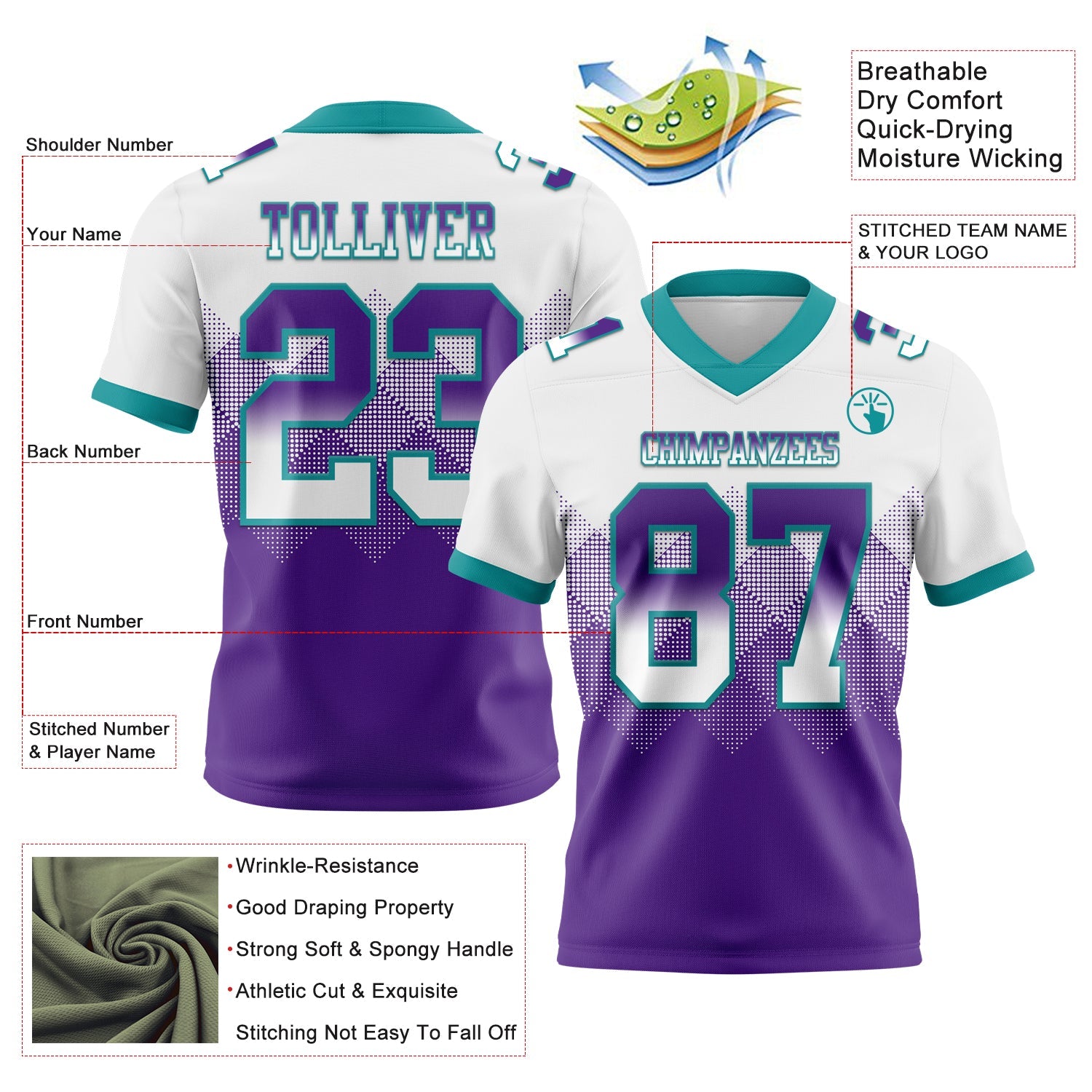Custom White Purple-Teal Mesh Authentic Gradient Square Shape Flag Football Jersey - Sky-Custom