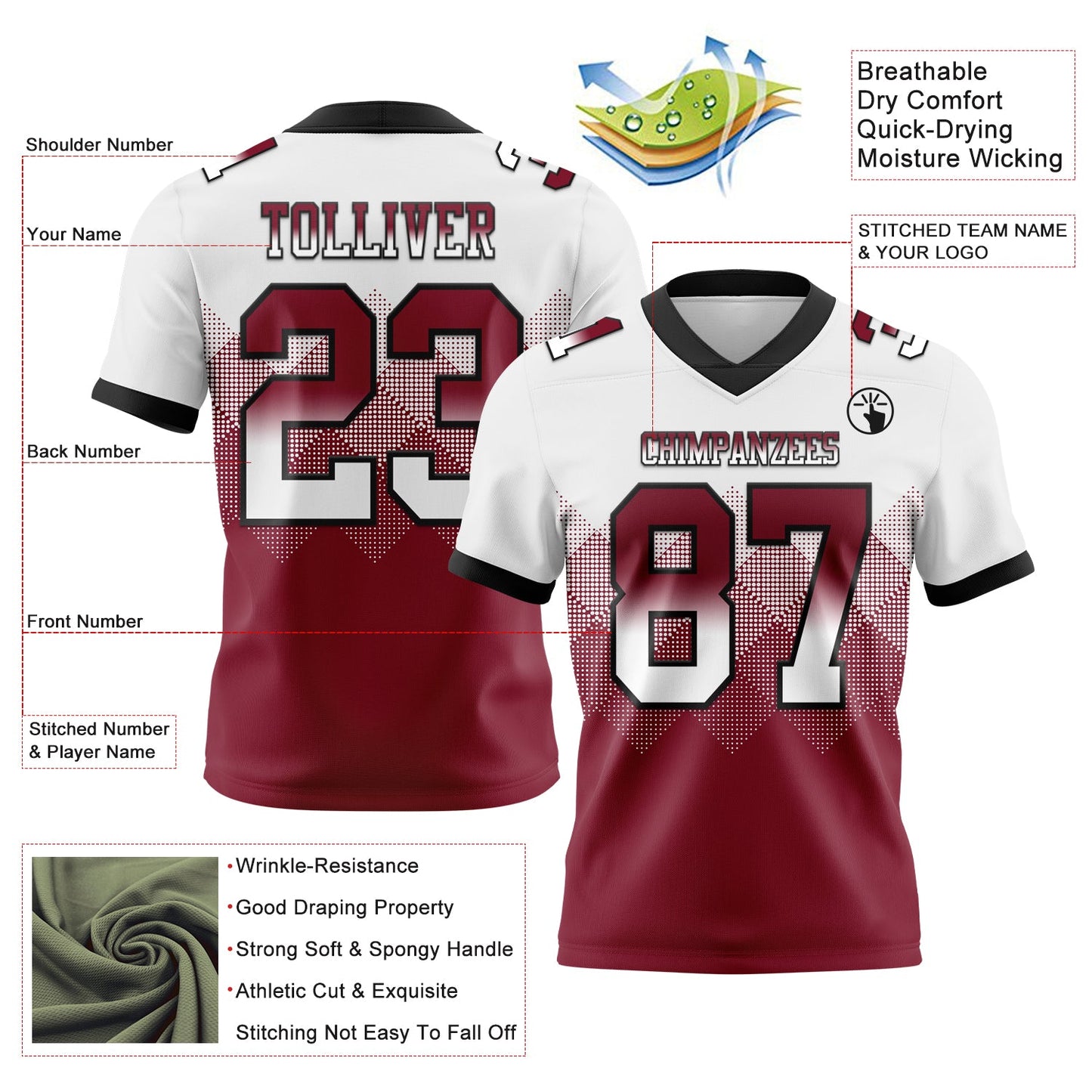 Custom White Crimson-Black Mesh Authentic Gradient Square Shape Flag Football Jersey - Sky-Custom