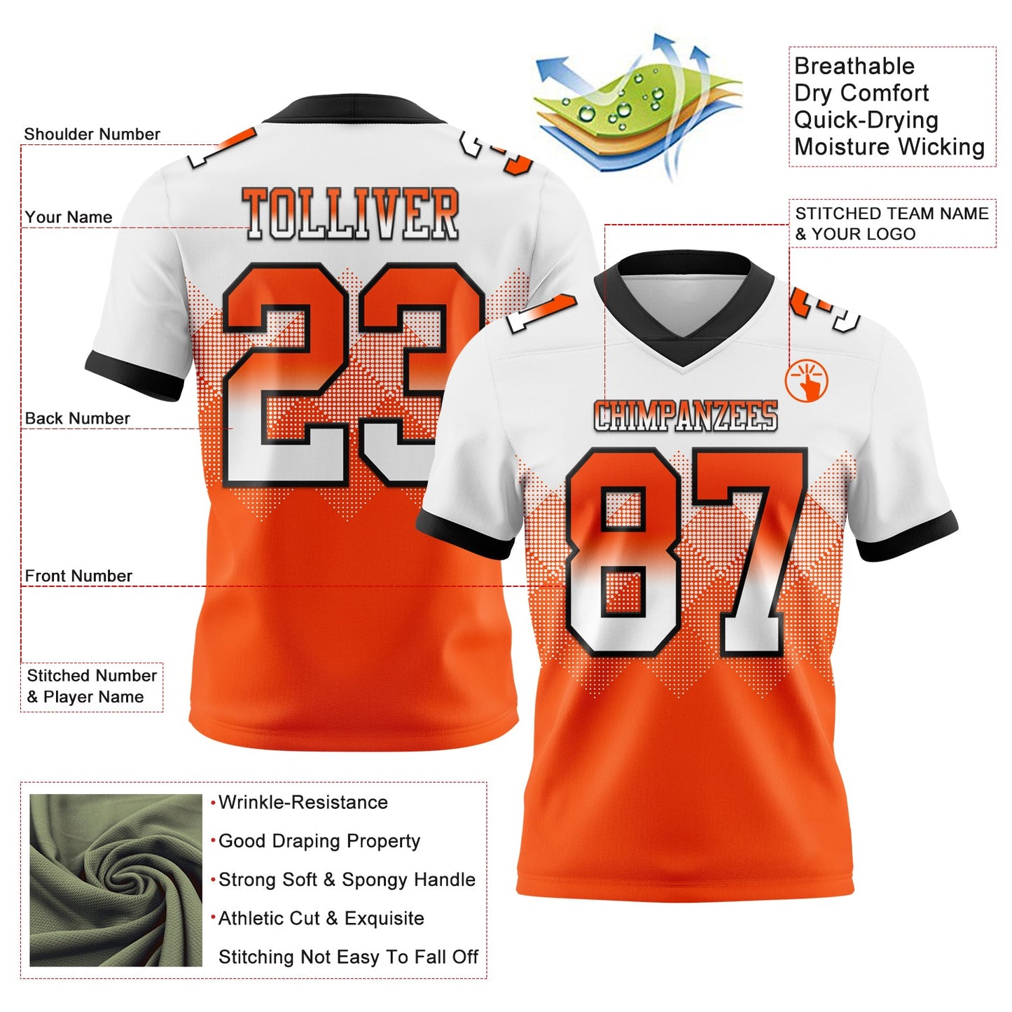 Custom White Orange-Black Mesh Authentic Gradient Square Shape Flag Football Jersey - Sky-Custom