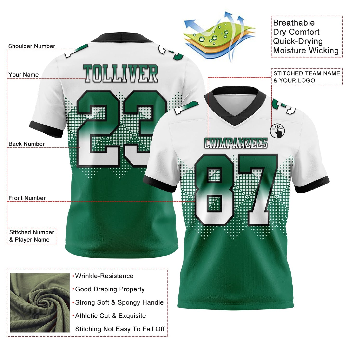Custom White Kelly Green-Black Mesh Authentic Gradient Square Shape Flag Football Jersey - Sky-Custom