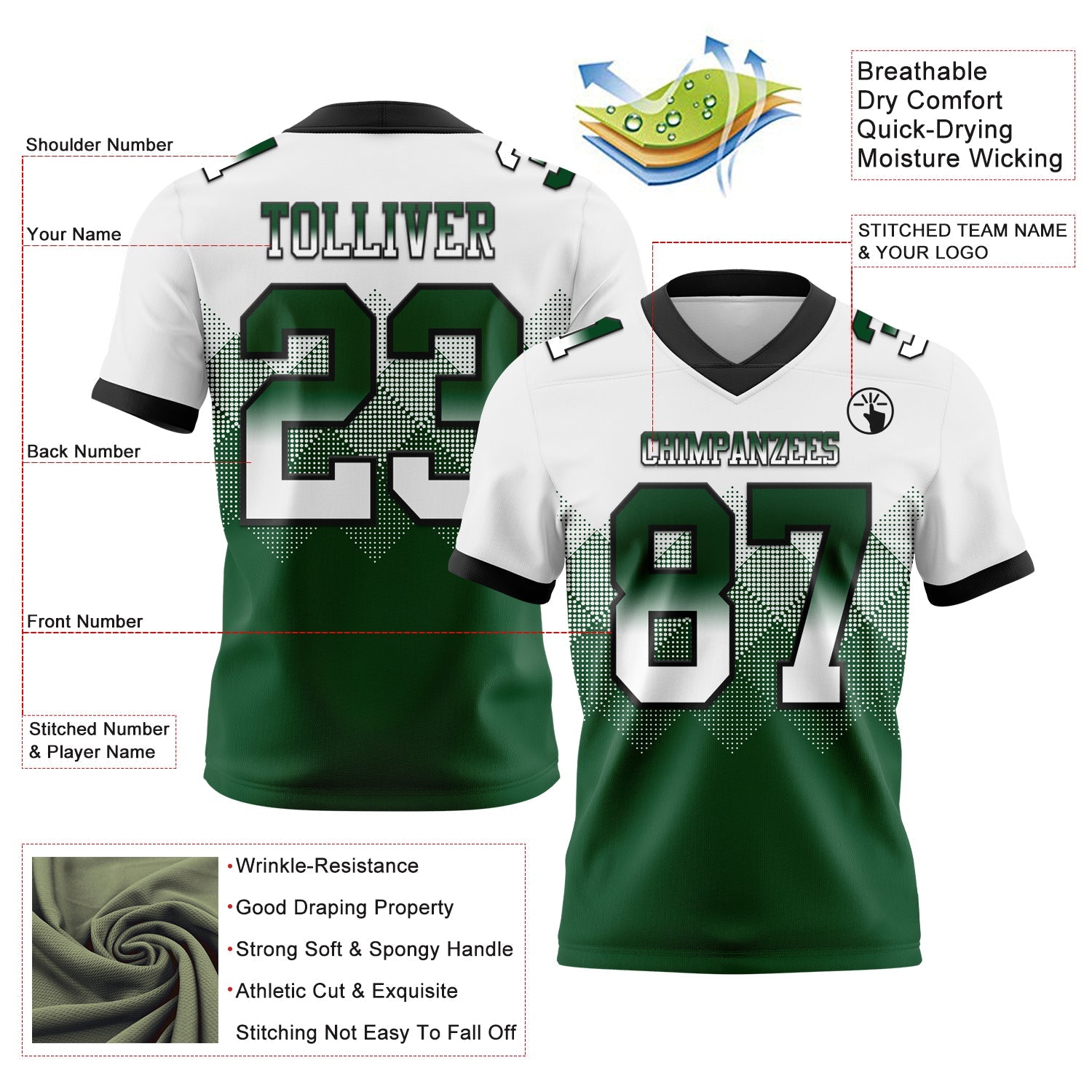 Custom White Green-Black Mesh Authentic Gradient Square Shape Flag Football Jersey - Sky-Custom