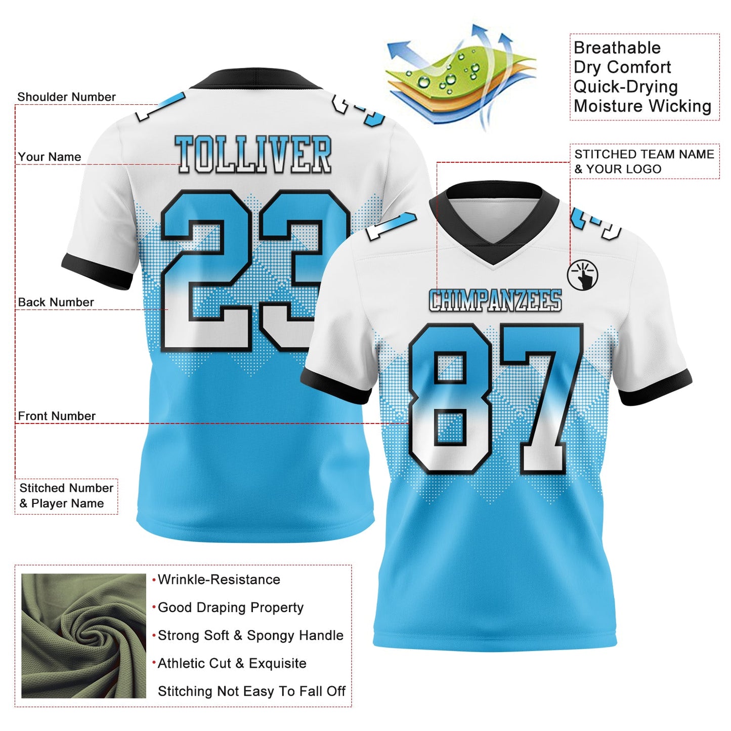 Custom White Sky Blue-Black Mesh Authentic Gradient Square Shape Flag Football Jersey - Sky-Custom