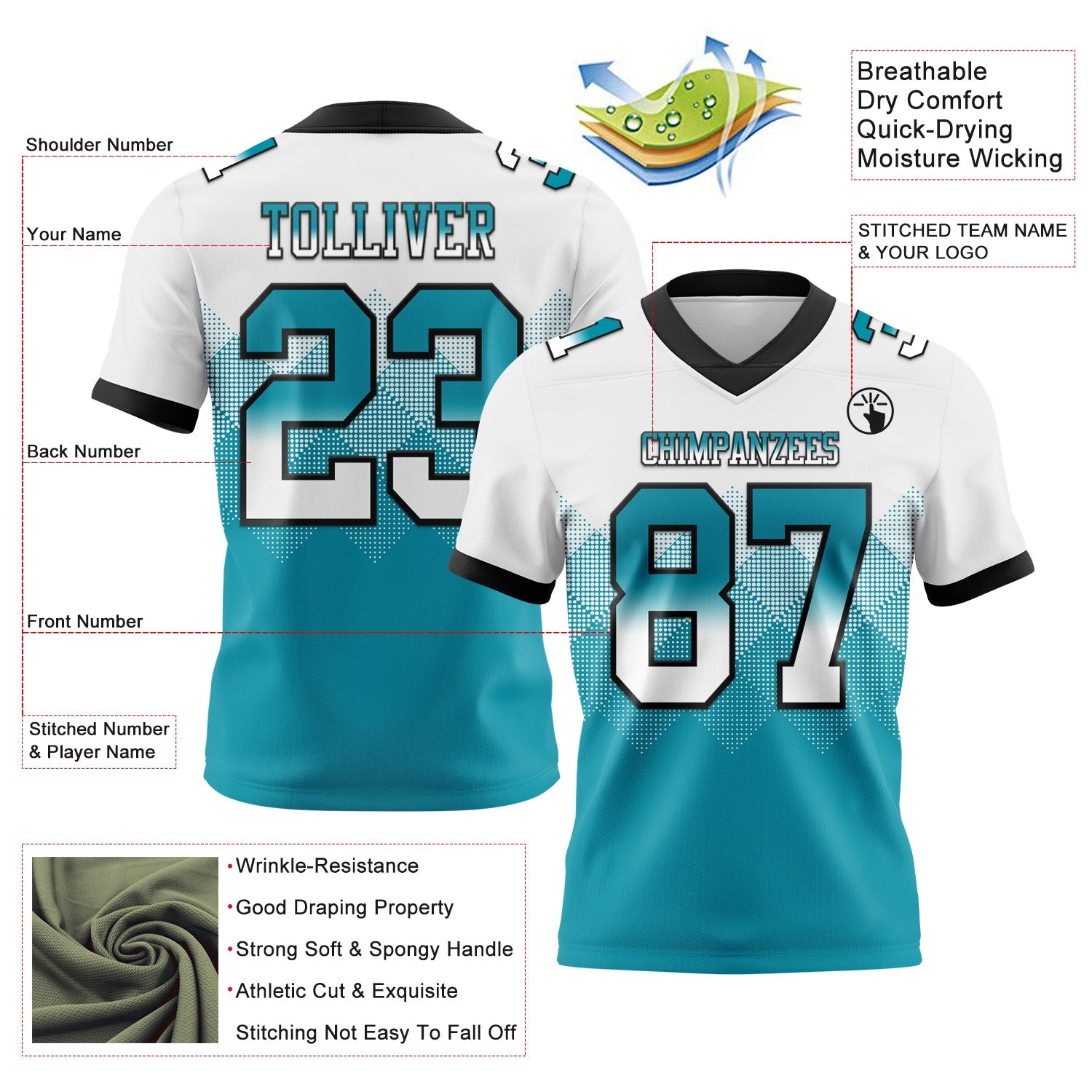 Custom White Teal-Black Mesh Authentic Gradient Square Shape Flag Football Jersey - Sky-Custom