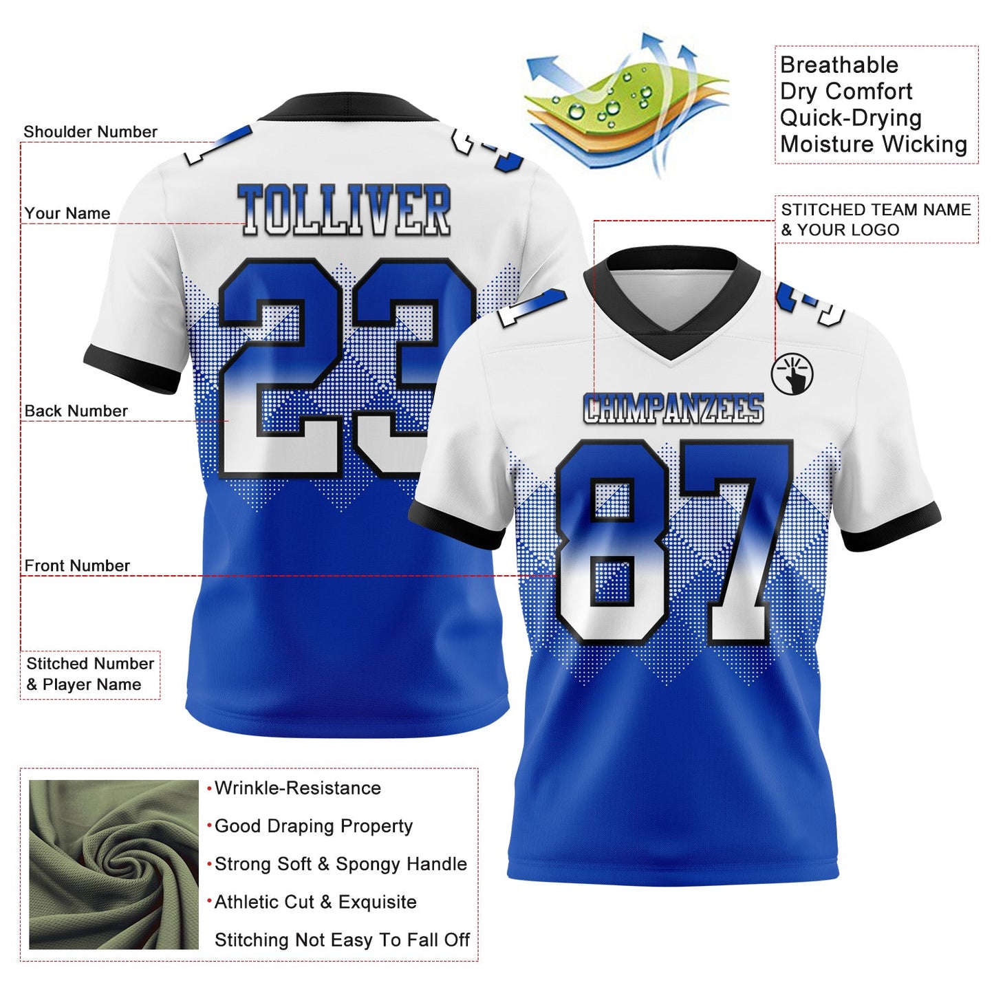Custom White Thunder Blue-Black Mesh Authentic Gradient Square Shape Flag Football Jersey - Sky-Custom