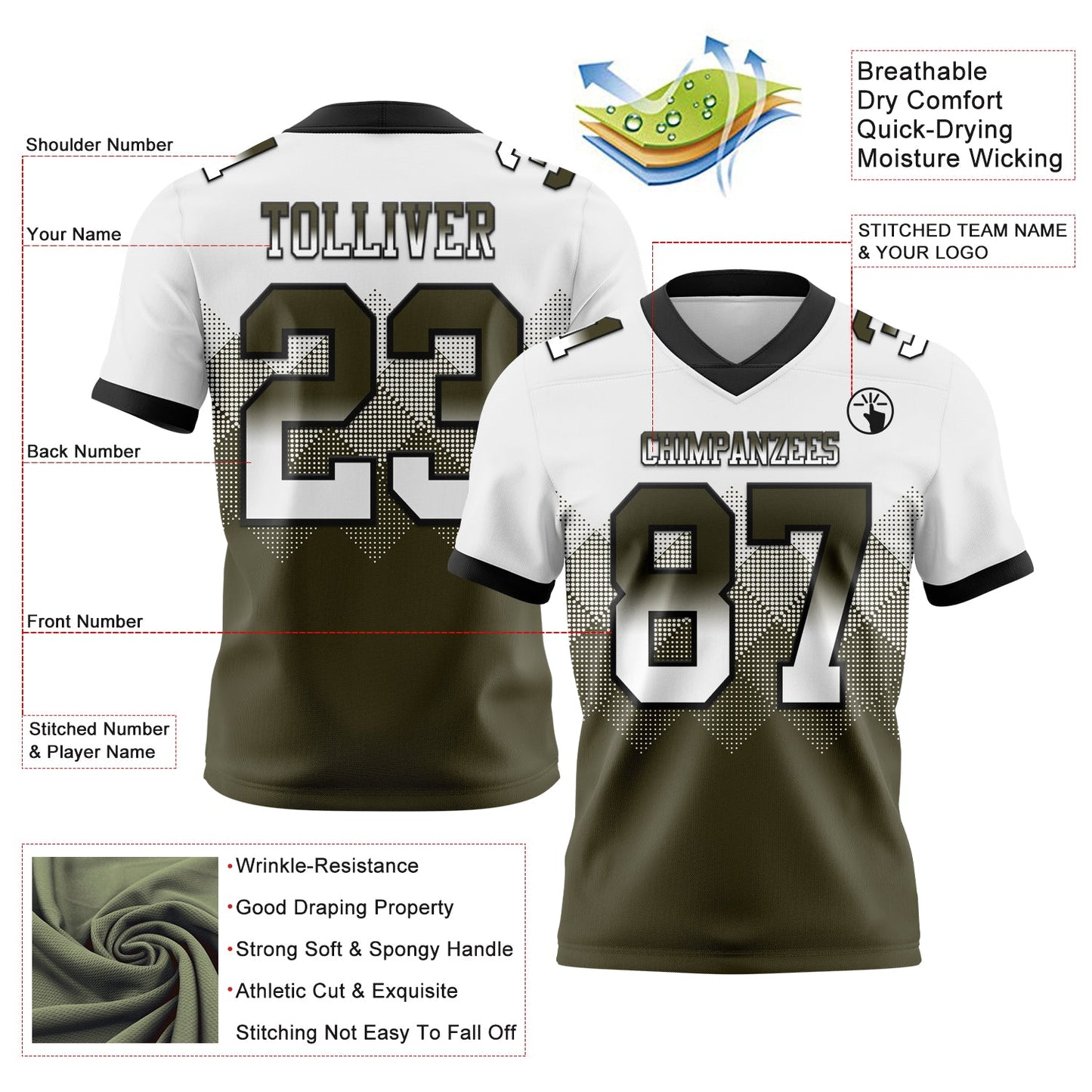 Custom White Olive-Black Mesh Authentic Gradient Square Shape Flag Football Jersey - Sky-Custom