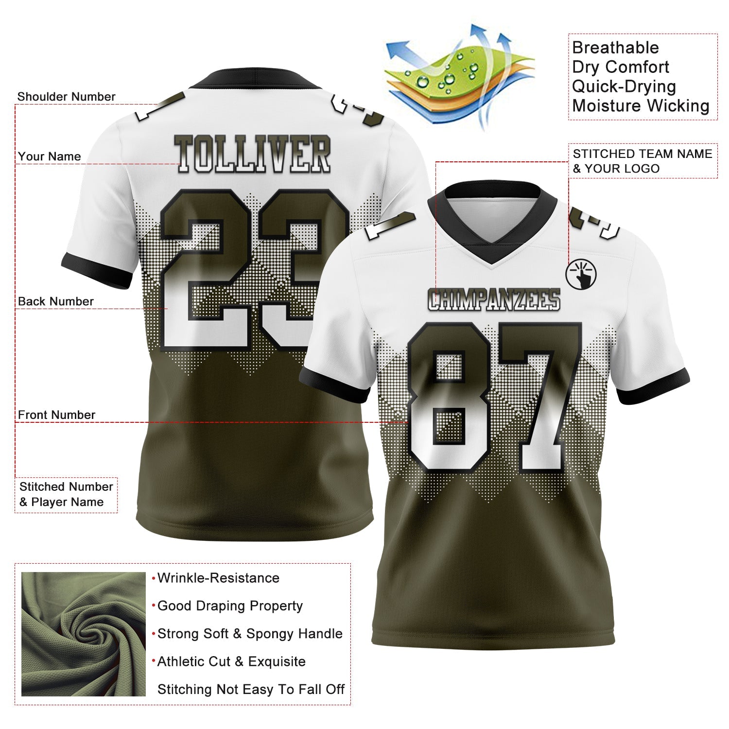 Custom White Olive-Black Mesh Authentic Gradient Square Shape Flag Football Jersey - Sky-Custom