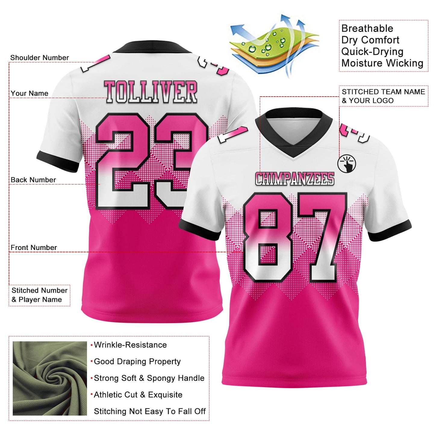 Custom White Hot Pink-Black Mesh Authentic Gradient Square Shape Flag Football Jersey - Sky-Custom