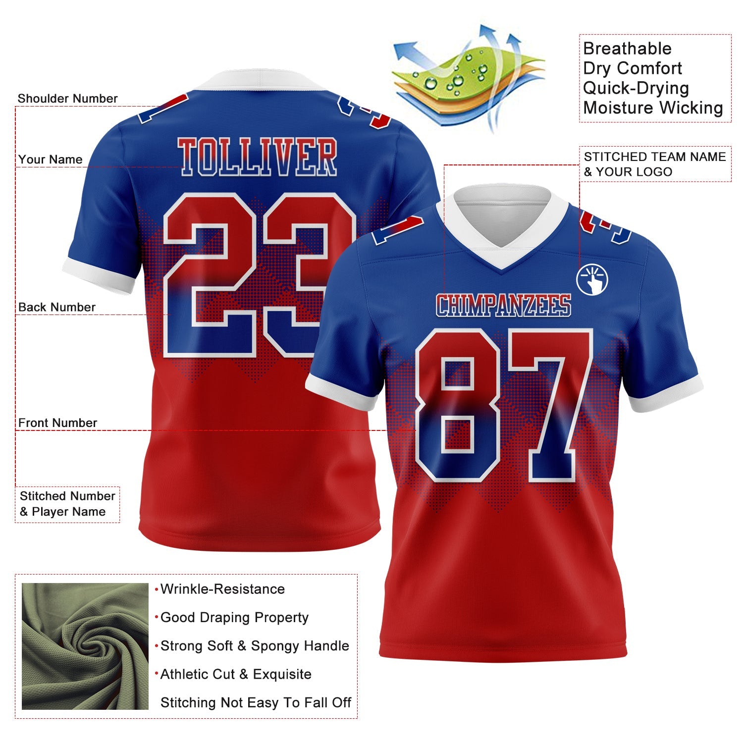 Custom Royal Red-White Mesh Authentic Gradient Square Shape Flag Football Jersey - Sky-Custom