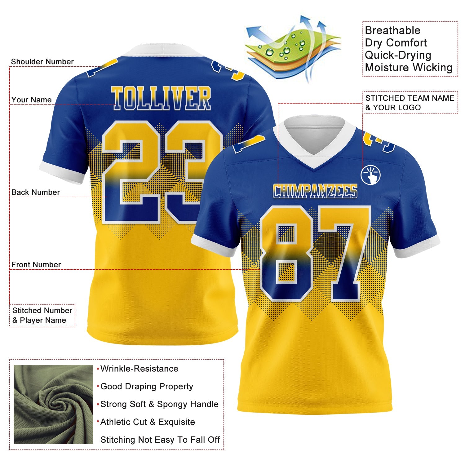 Custom Royal Yellow-White Mesh Authentic Gradient Square Shape Flag Football Jersey - Sky-Custom