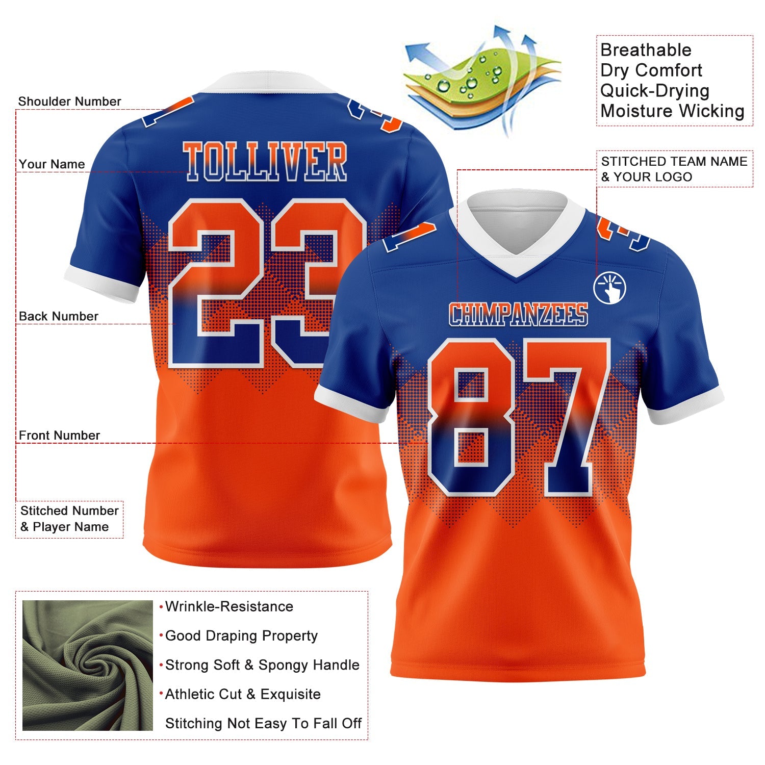 Custom Royal Orange-White Mesh Authentic Gradient Square Shape Flag Football Jersey - Sky-Custom