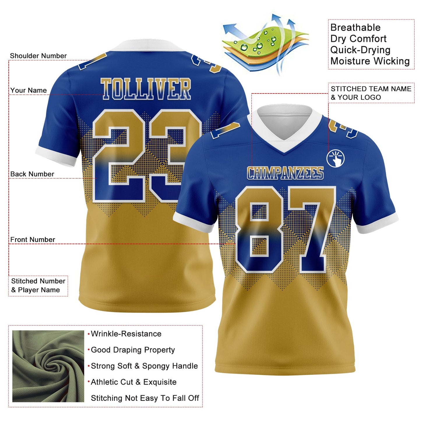 Custom Royal Old Gold-White Mesh Authentic Gradient Square Shape Flag Football Jersey - Sky-Custom