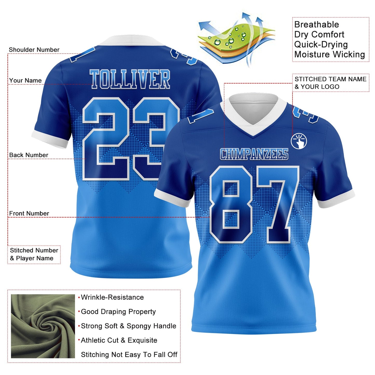 Custom Royal Powder Blue-White Mesh Authentic Gradient Square Shape Flag Football Jersey - Sky-Custom