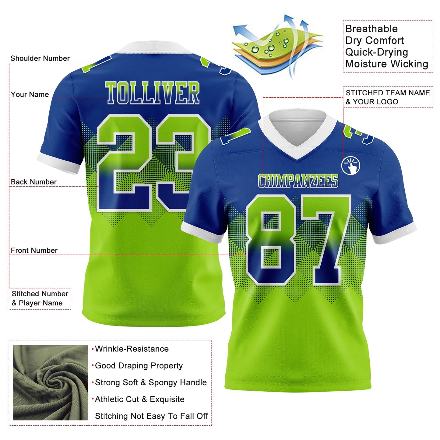 Custom Royal Neon Green-White Mesh Authentic Gradient Square Shape Flag Football Jersey - Sky-Custom