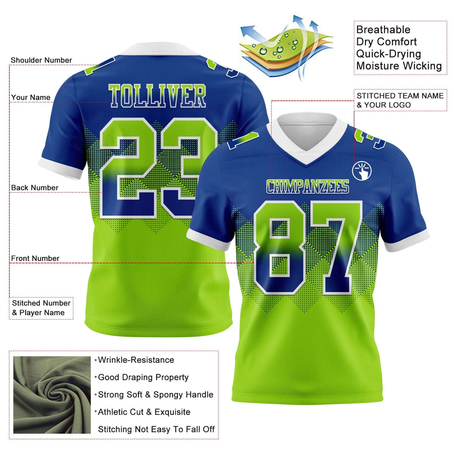 Custom Royal Neon Green-White Mesh Authentic Gradient Square Shape Flag Football Jersey - Sky-Custom