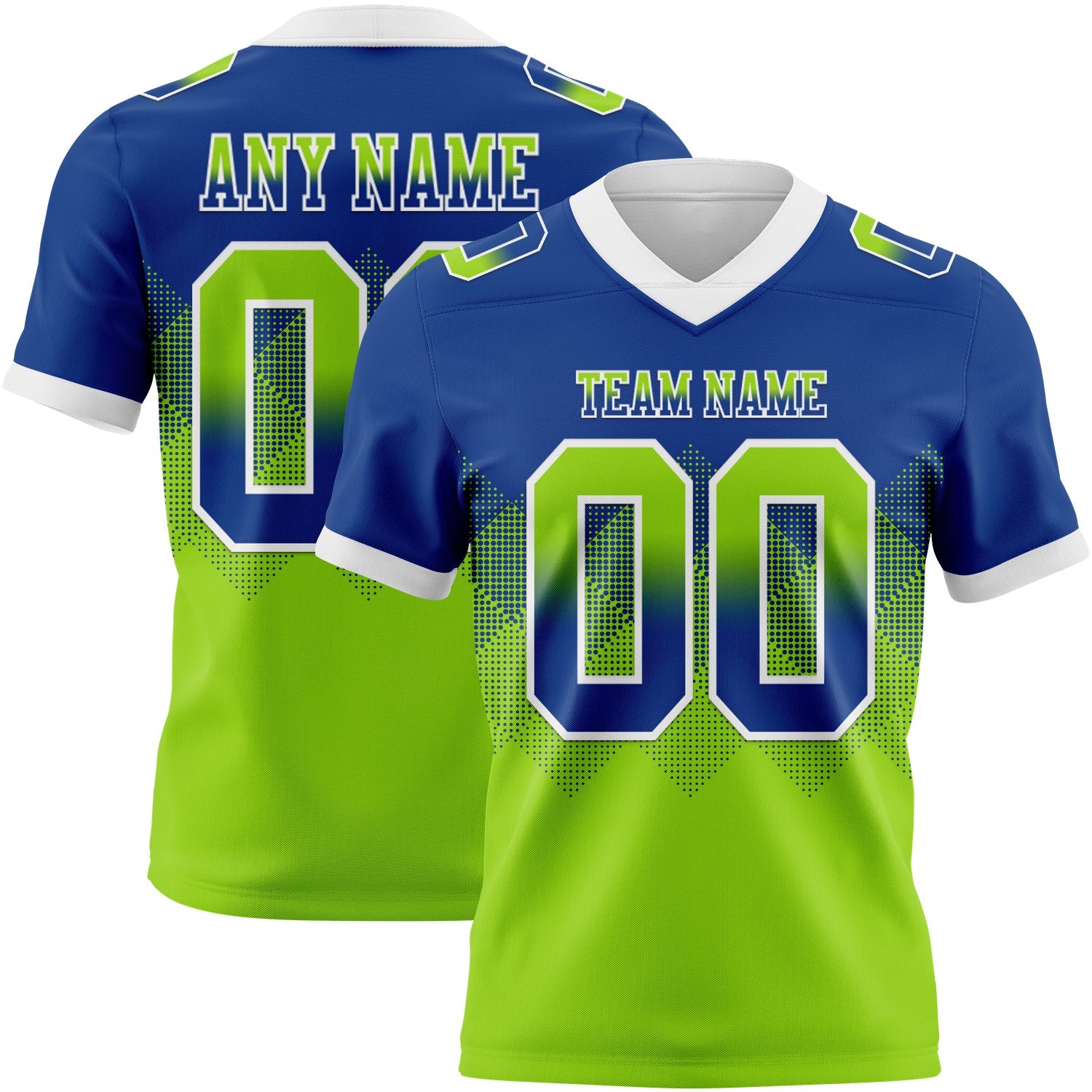 Custom Royal Neon Green-White Mesh Authentic Gradient Square Shape Flag Football Jersey - Sky-Custom