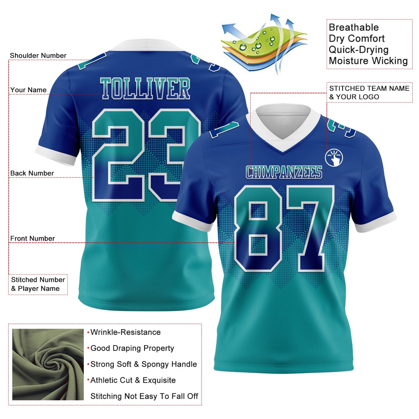 Custom Royal Teal-White Mesh Authentic Gradient Square Shape Flag Football Jersey - Sky-Custom