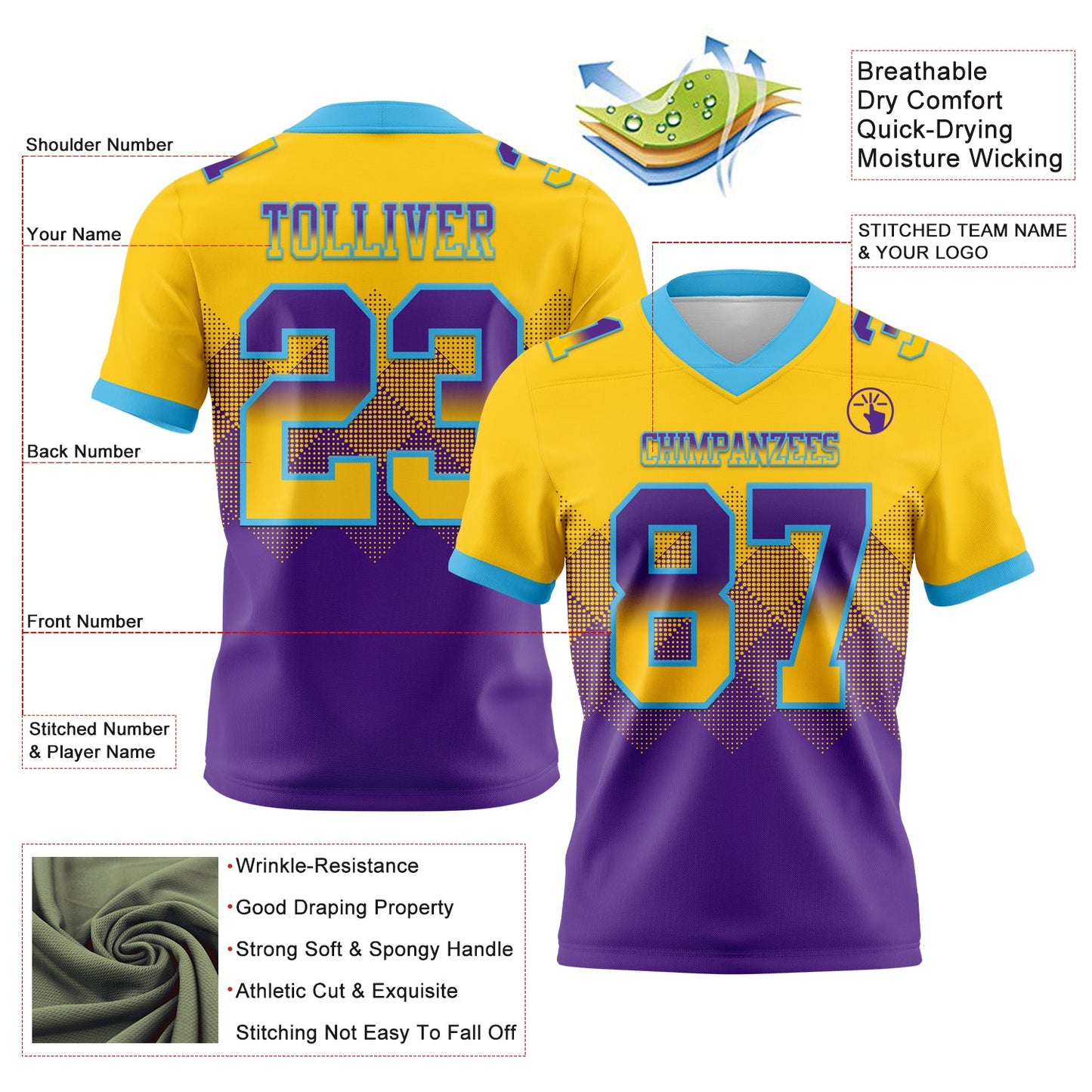 Custom Yellow Purple-Sky Blue Mesh Authentic Gradient Square Shape Flag Football Jersey - Sky-Custom