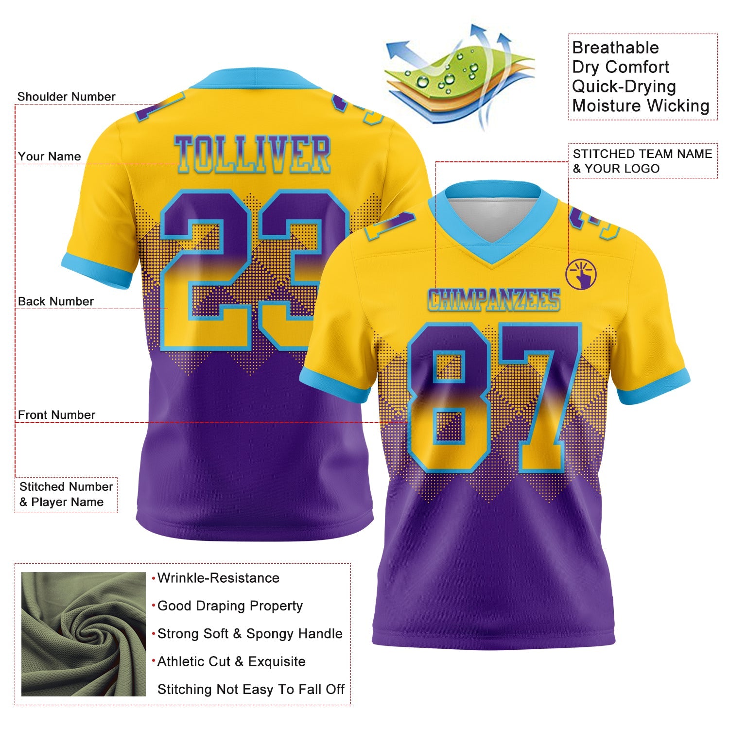 Custom Yellow Purple-Sky Blue Mesh Authentic Gradient Square Shape Flag Football Jersey - Sky-Custom