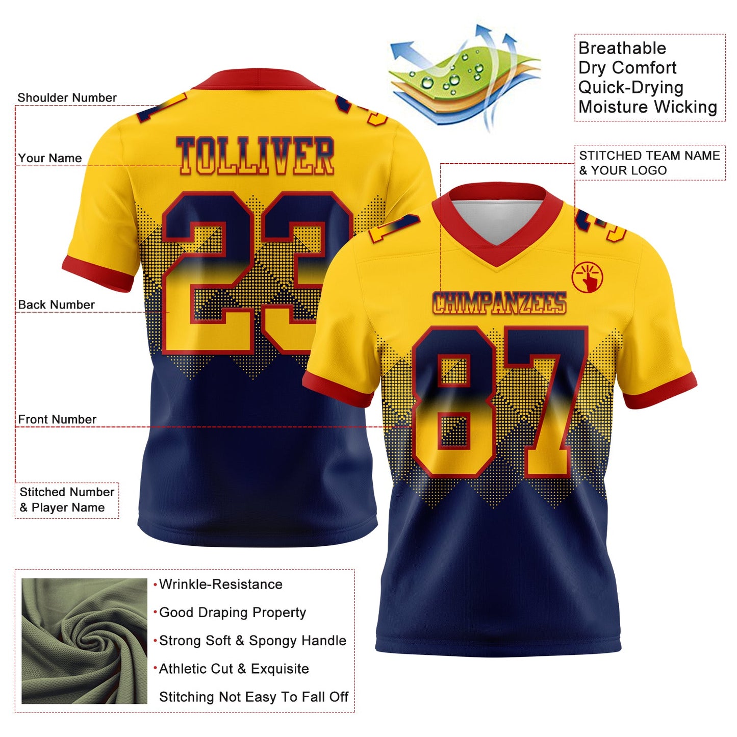 Custom Yellow Navy-Red Mesh Authentic Gradient Square Shape Flag Football Jersey - Sky-Custom