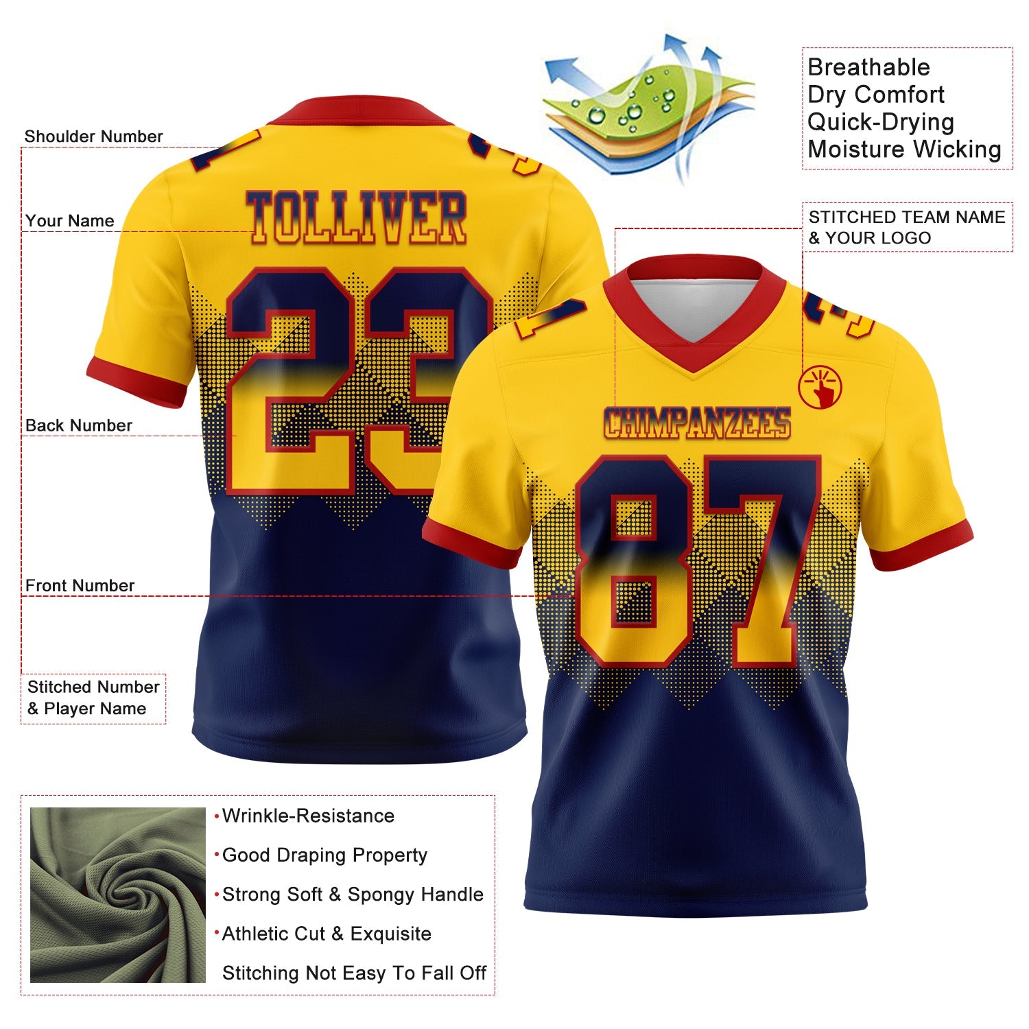 Custom Yellow Navy-Red Mesh Authentic Gradient Square Shape Flag Football Jersey - Sky-Custom