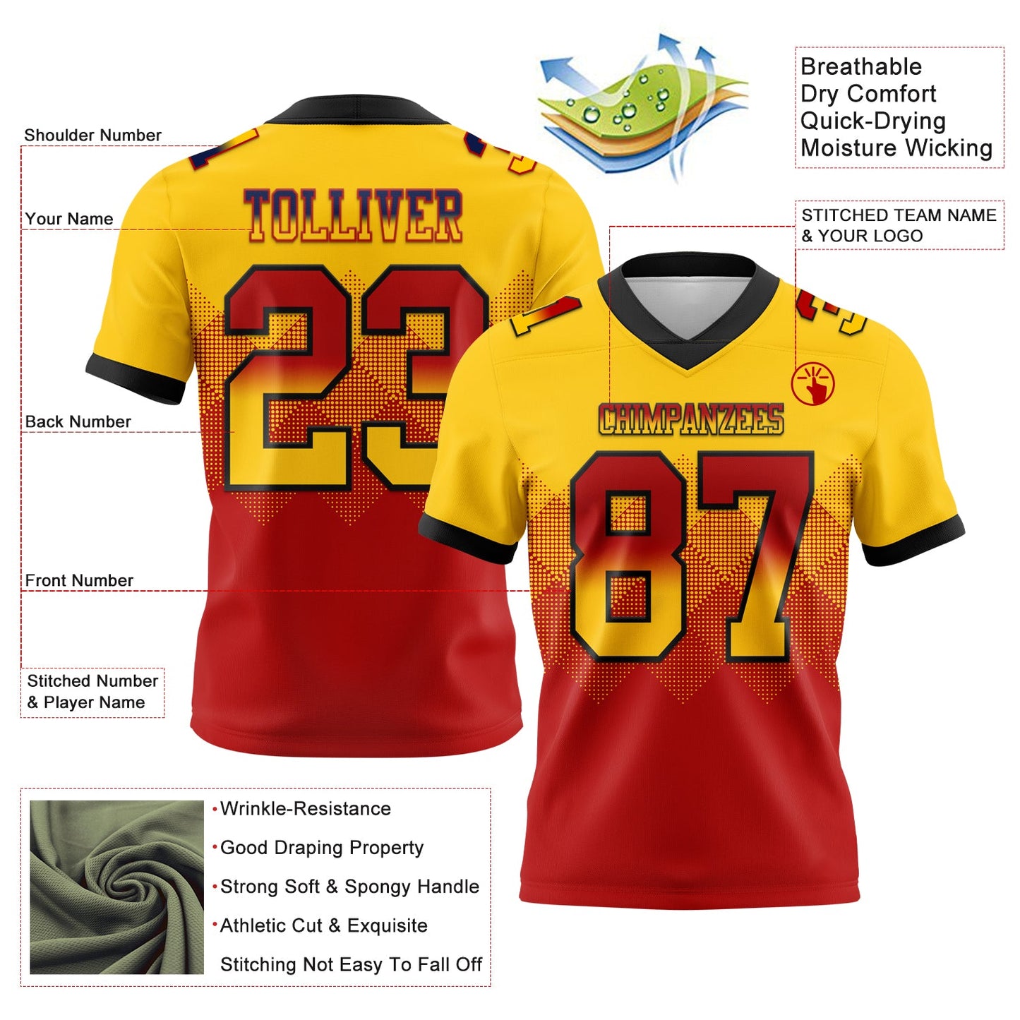 Custom Yellow Red-Black Mesh Authentic Gradient Square Shape Flag Football Jersey - Sky-Custom