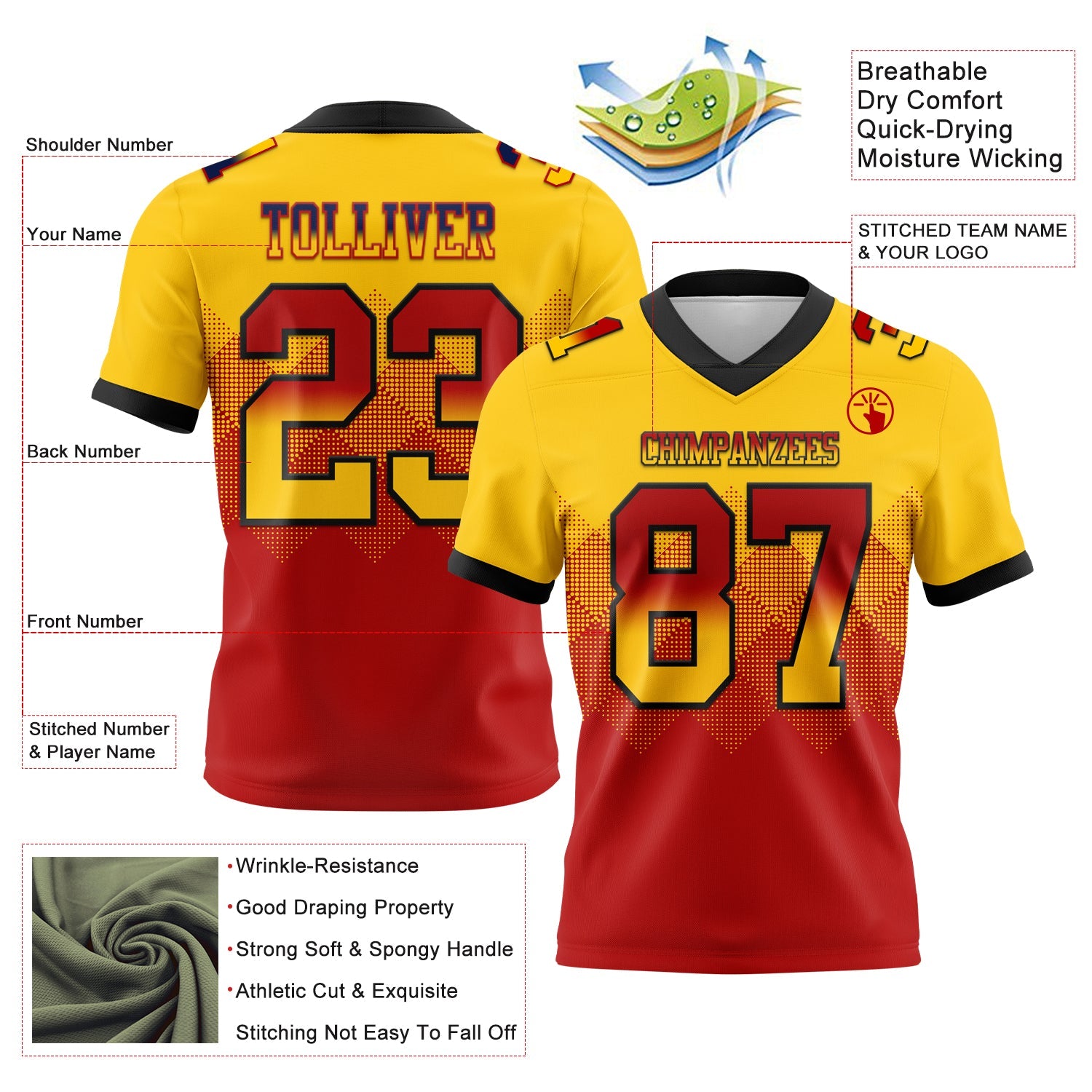 Custom Yellow Red-Black Mesh Authentic Gradient Square Shape Flag Football Jersey - Sky-Custom
