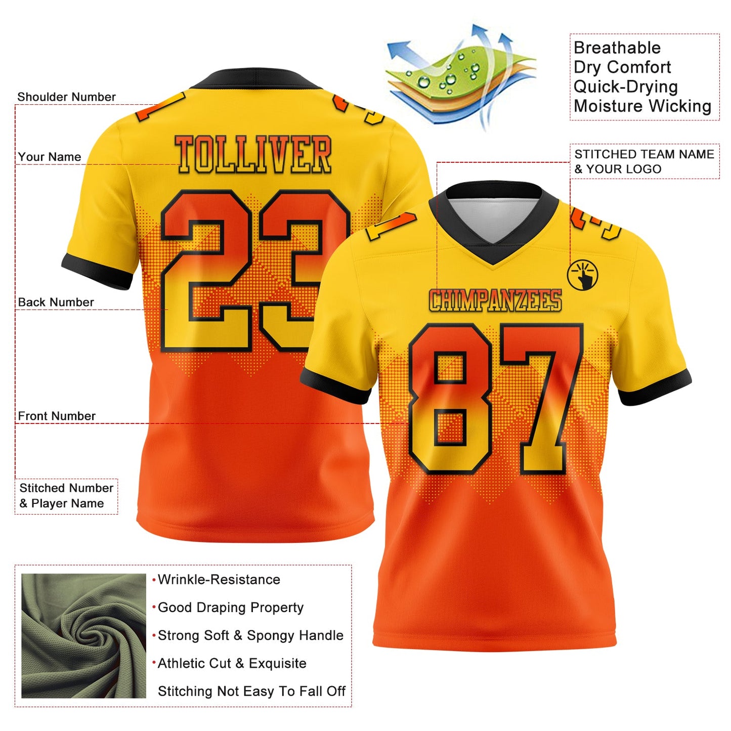 Custom Yellow Orange-Black Mesh Authentic Gradient Square Shape Flag Football Jersey - Sky-Custom