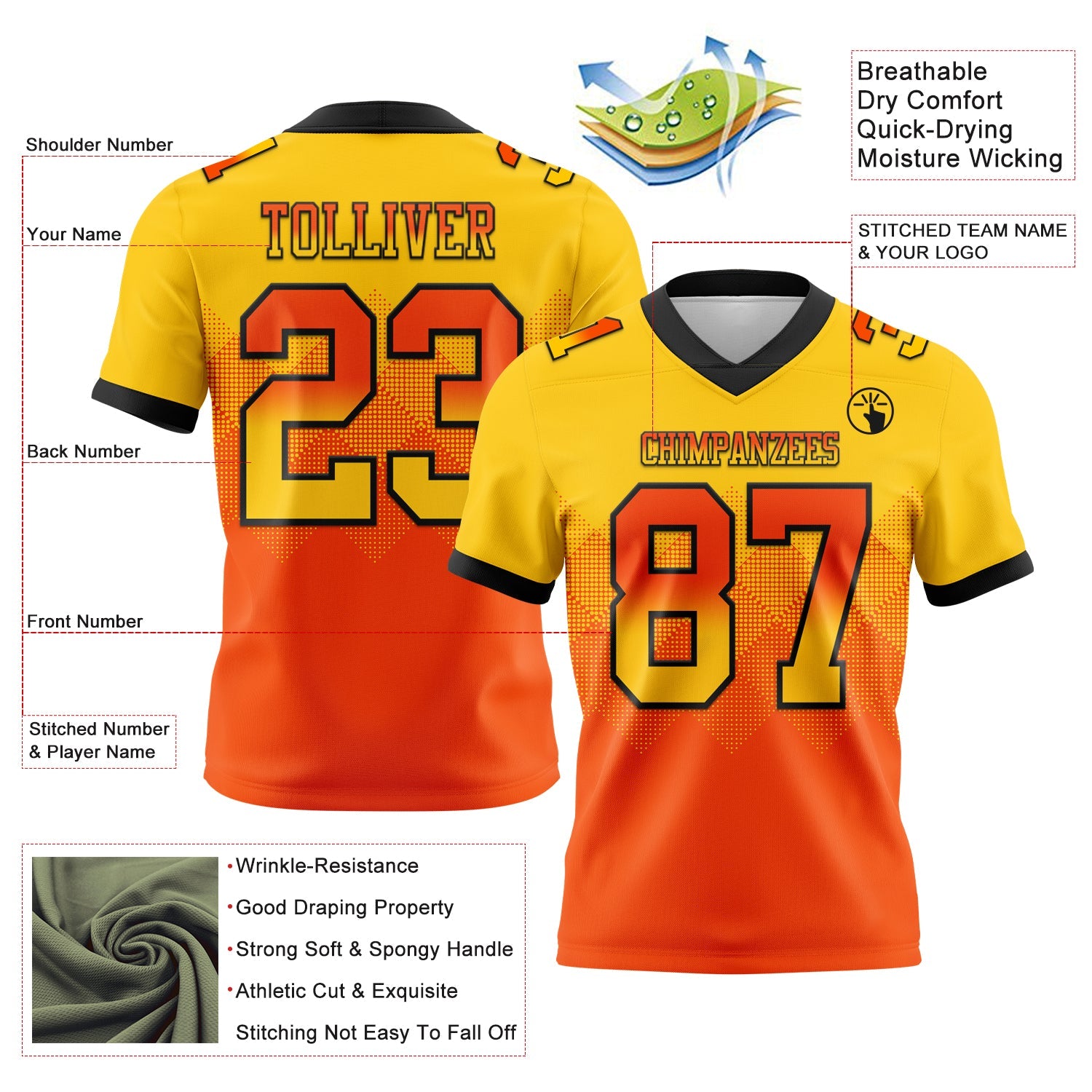 Custom Yellow Orange-Black Mesh Authentic Gradient Square Shape Flag Football Jersey - Sky-Custom