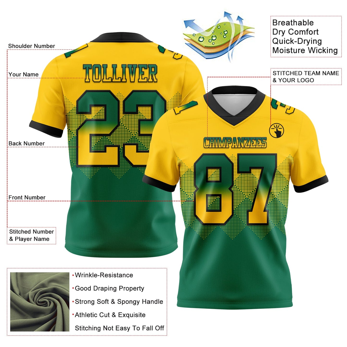 Custom Yellow Kelly Green-Black Mesh Authentic Gradient Square Shape Flag Football Jersey - Sky-Custom