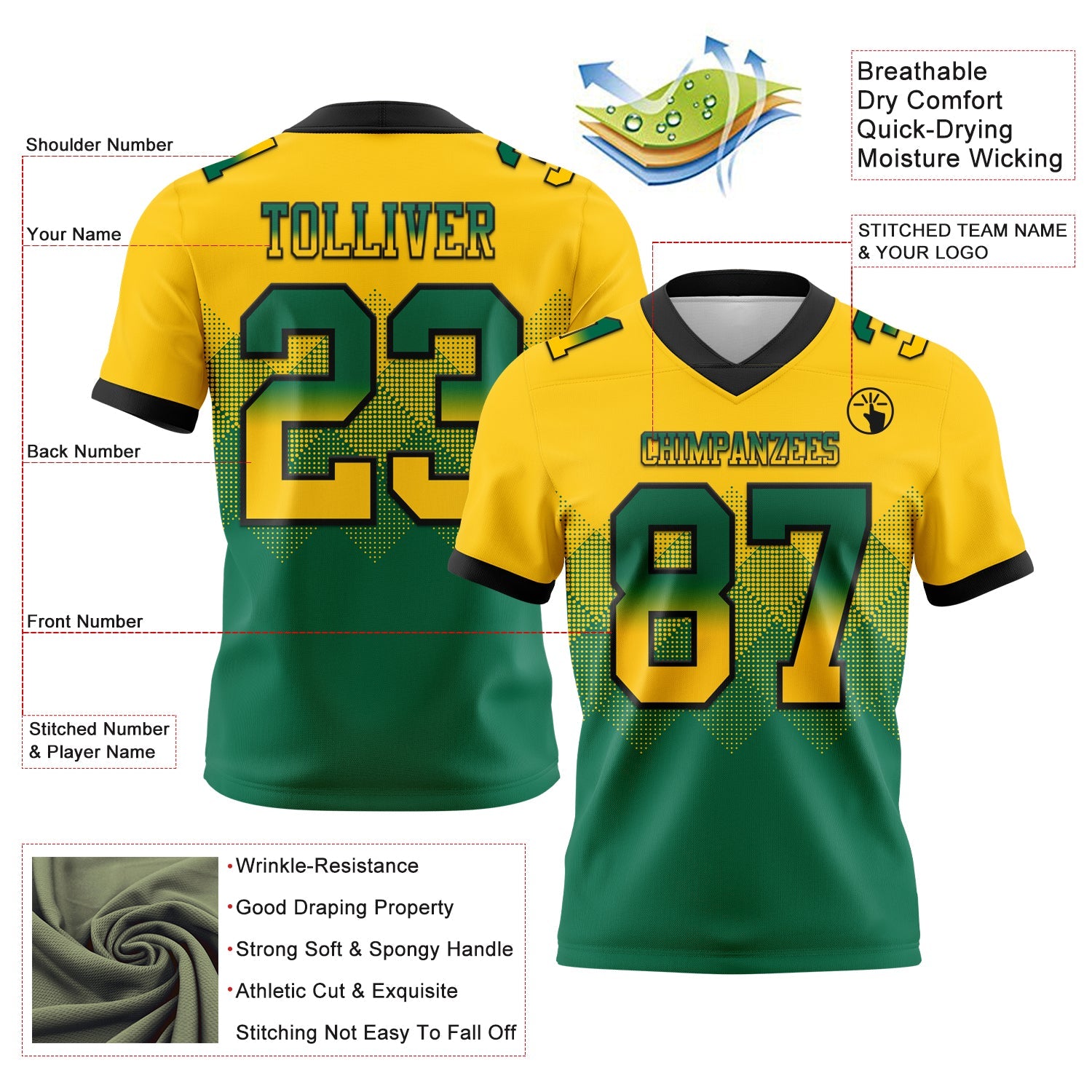 Custom Yellow Kelly Green-Black Mesh Authentic Gradient Square Shape Flag Football Jersey - Sky-Custom
