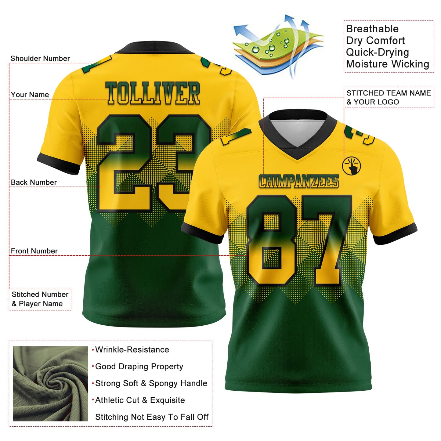 Custom Yellow Green-Black Mesh Authentic Gradient Square Shape Flag Football Jersey - Sky-Custom