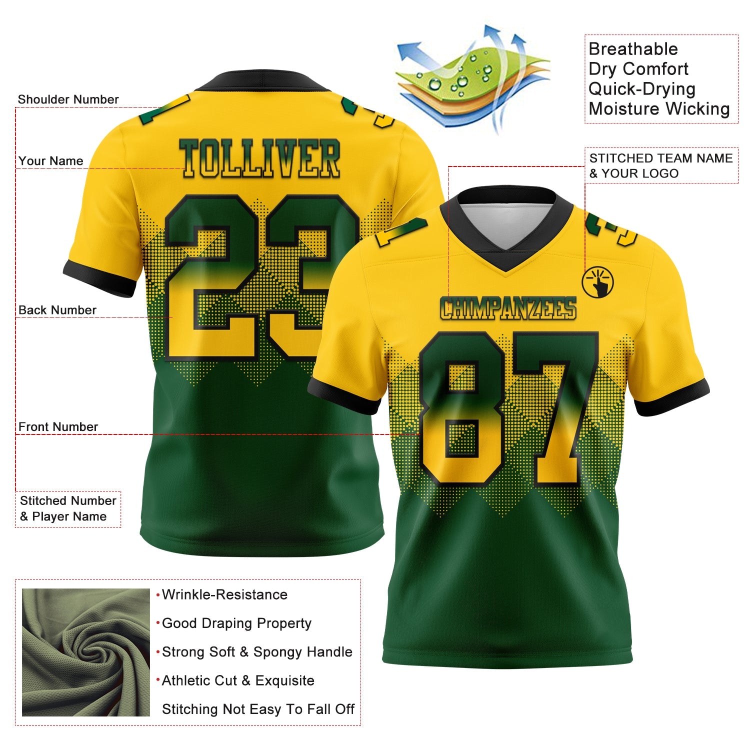 Custom Yellow Green-Black Mesh Authentic Gradient Square Shape Flag Football Jersey - Sky-Custom