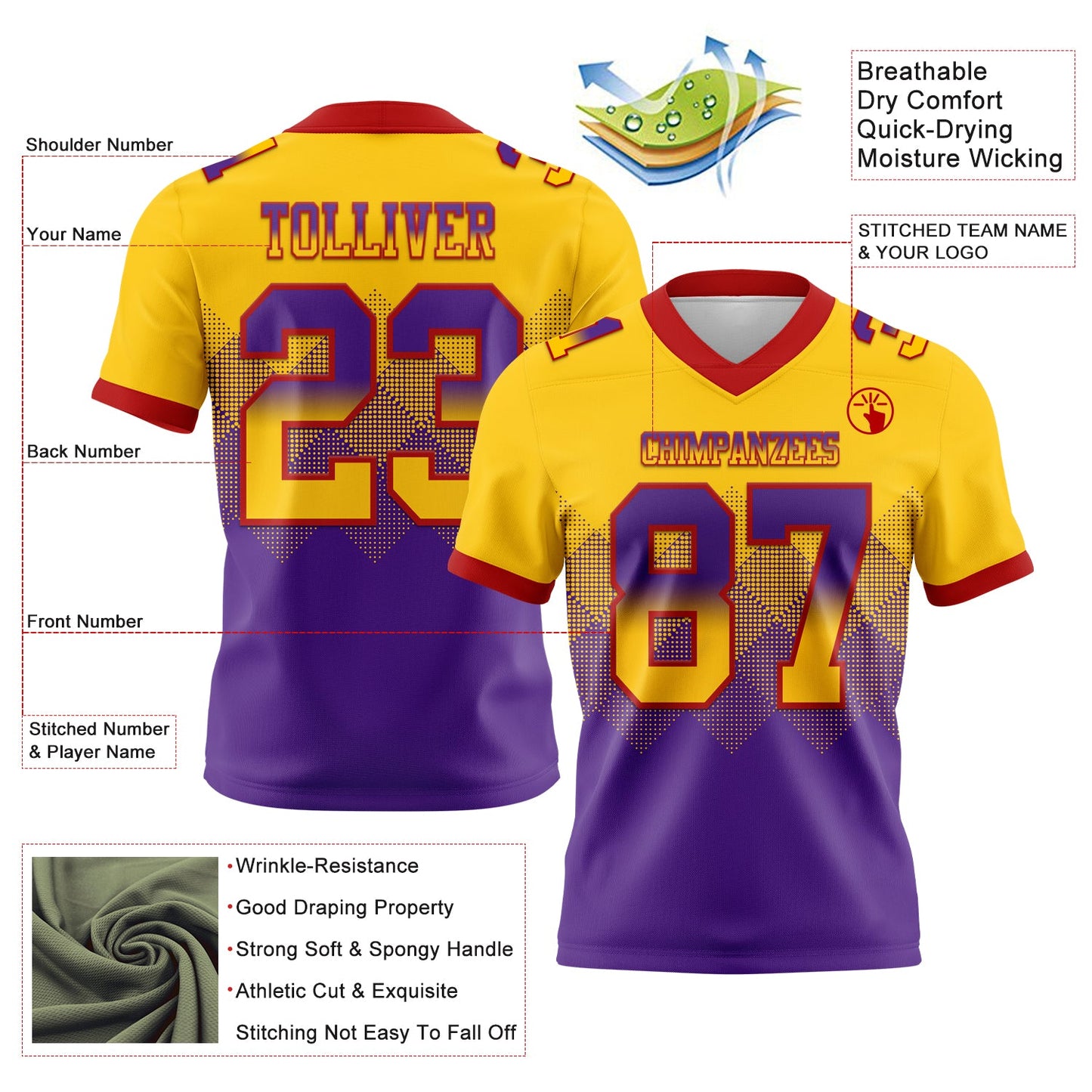 Custom Yellow Purple-Red Mesh Authentic Gradient Square Shape Flag Football Jersey - Sky-Custom