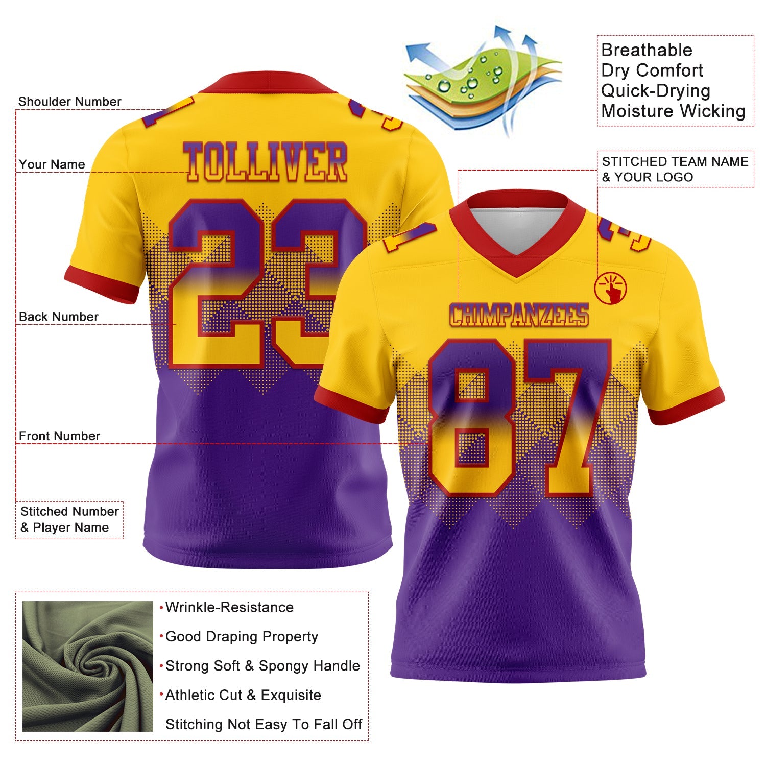 Custom Yellow Purple-Red Mesh Authentic Gradient Square Shape Flag Football Jersey - Sky-Custom