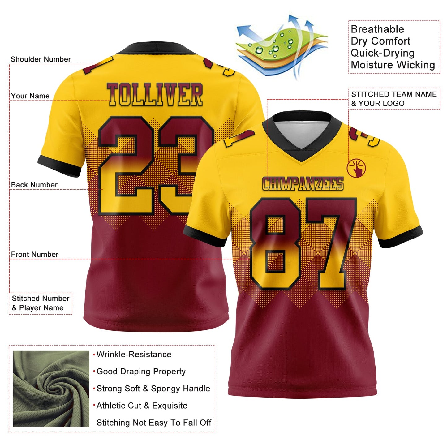 Custom Yellow Crimson-Black Mesh Authentic Gradient Square Shape Flag Football Jersey - Sky-Custom