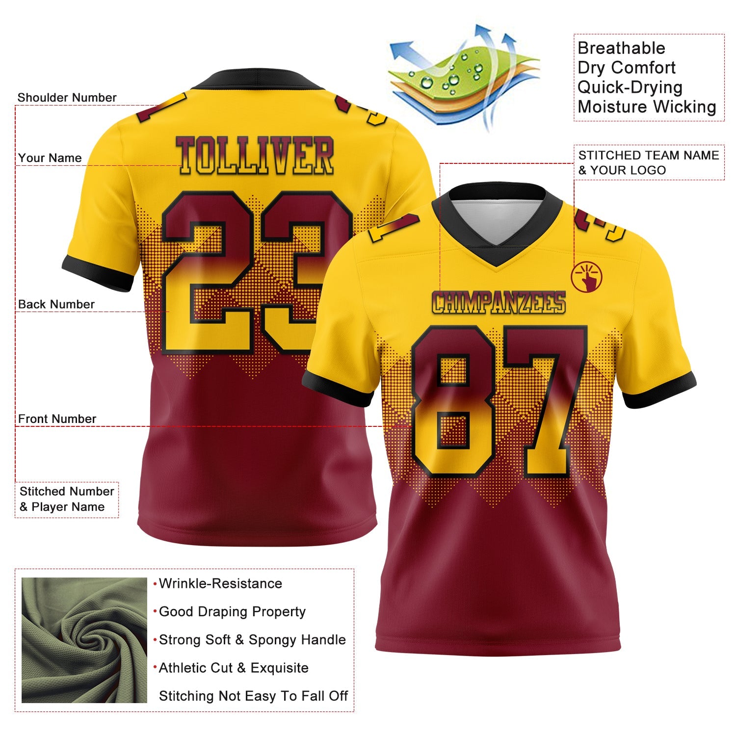 Custom Yellow Crimson-Black Mesh Authentic Gradient Square Shape Flag Football Jersey - Sky-Custom