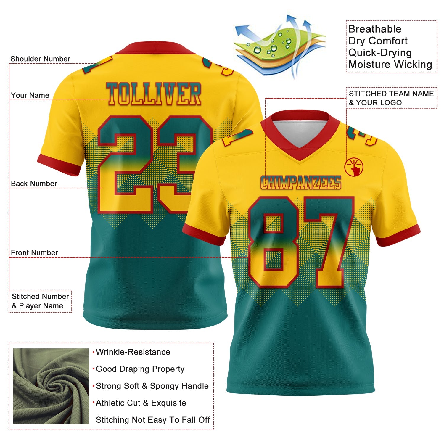 Custom Yellow Teal-Red Mesh Authentic Gradient Square Shape Flag Football Jersey - Sky-Custom