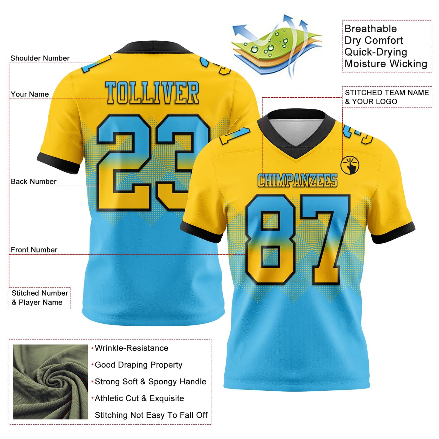 Custom Yellow Sky Blue-Black Mesh Authentic Gradient Square Shape Flag Football Jersey - Sky-Custom