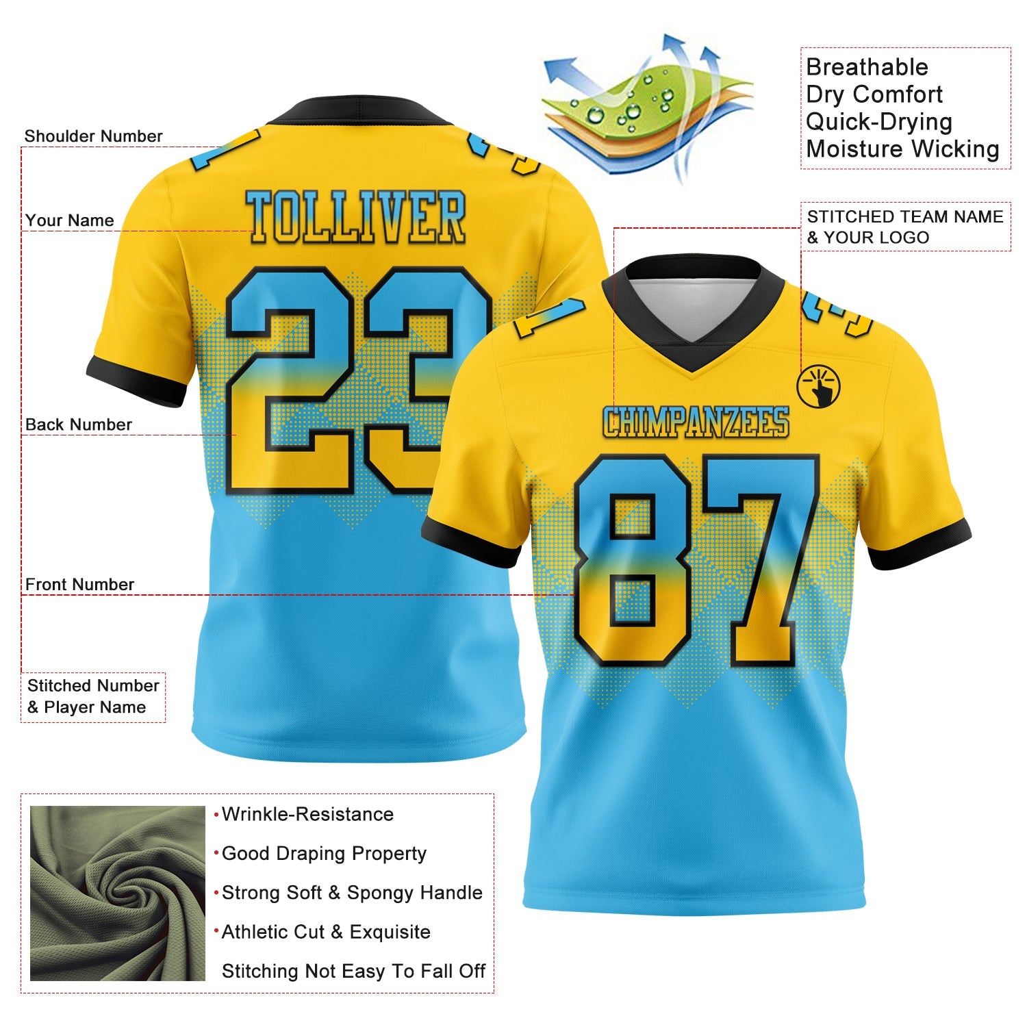Custom Yellow Sky Blue-Black Mesh Authentic Gradient Square Shape Flag Football Jersey - Sky-Custom
