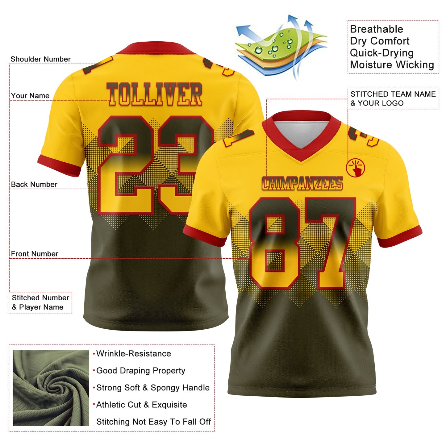 Custom Yellow Olive-Red Mesh Authentic Gradient Square Shape Flag Football Jersey - Sky-Custom