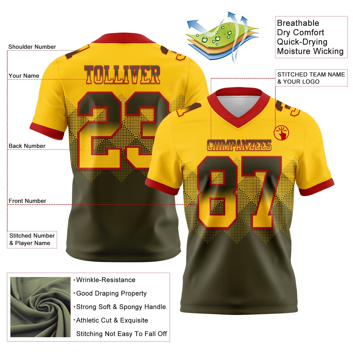 Custom Yellow Olive-Red Mesh Authentic Gradient Square Shape Flag Football Jersey - Sky-Custom