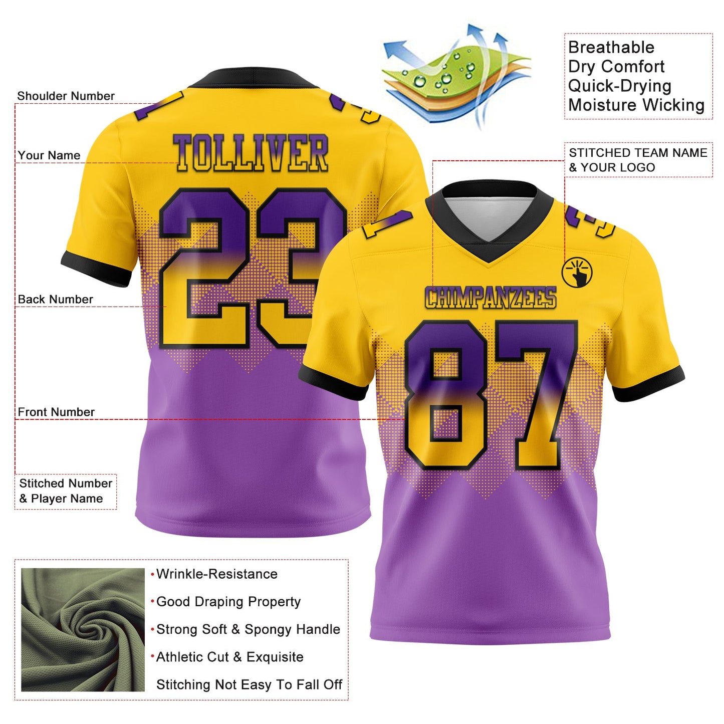Custom Yellow Medium Purple-Black Mesh Authentic Gradient Square Shape Flag Football Jersey - Sky-Custom
