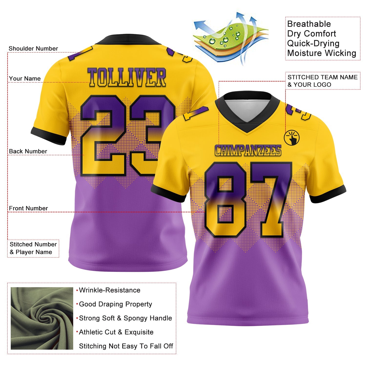 Custom Yellow Medium Purple-Black Mesh Authentic Gradient Square Shape Flag Football Jersey - Sky-Custom