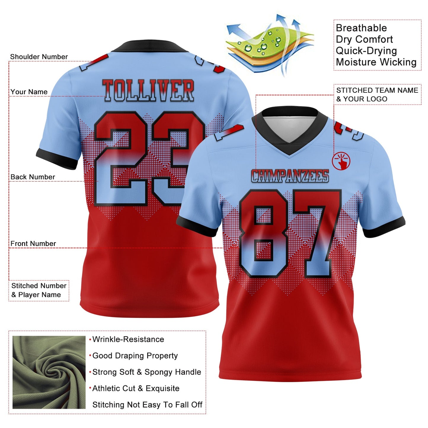 Custom Light Blue Red-Black Mesh Authentic Gradient Square Shape Flag Football Jersey - Sky-Custom