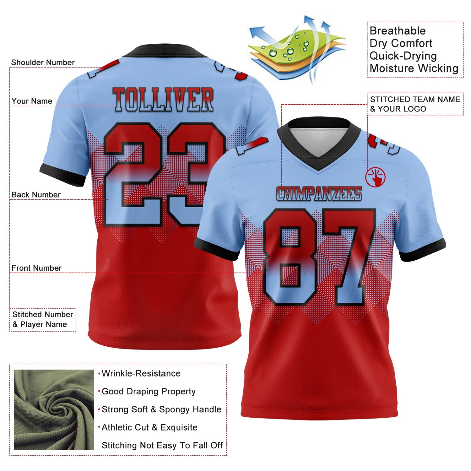 Custom Light Blue Red-Black Mesh Authentic Gradient Square Shape Flag Football Jersey - Sky-Custom