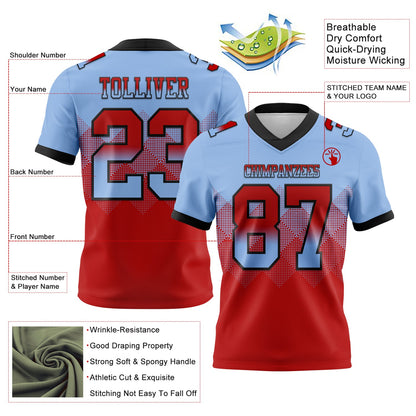 Custom Light Blue Red-Black Mesh Authentic Gradient Square Shape Flag Football Jersey - Sky-Custom
