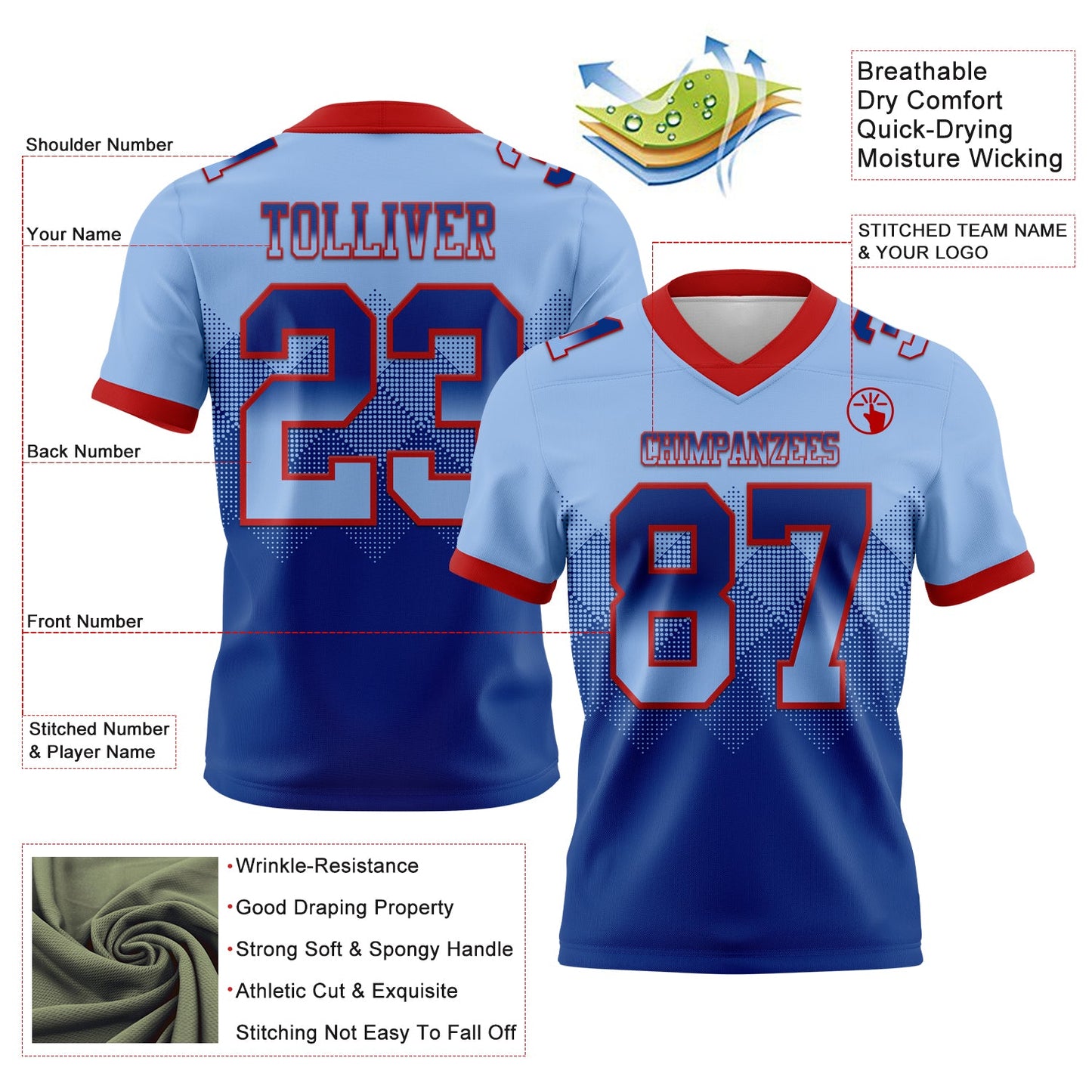 Custom Light Blue Royal-Red Mesh Authentic Gradient Square Shape Flag Football Jersey - Sky-Custom