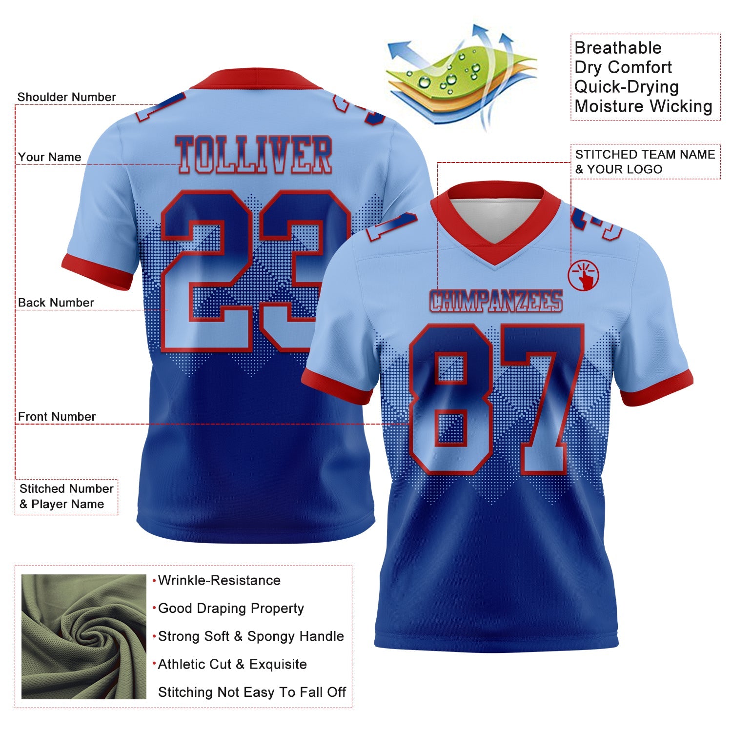 Custom Light Blue Royal-Red Mesh Authentic Gradient Square Shape Flag Football Jersey - Sky-Custom